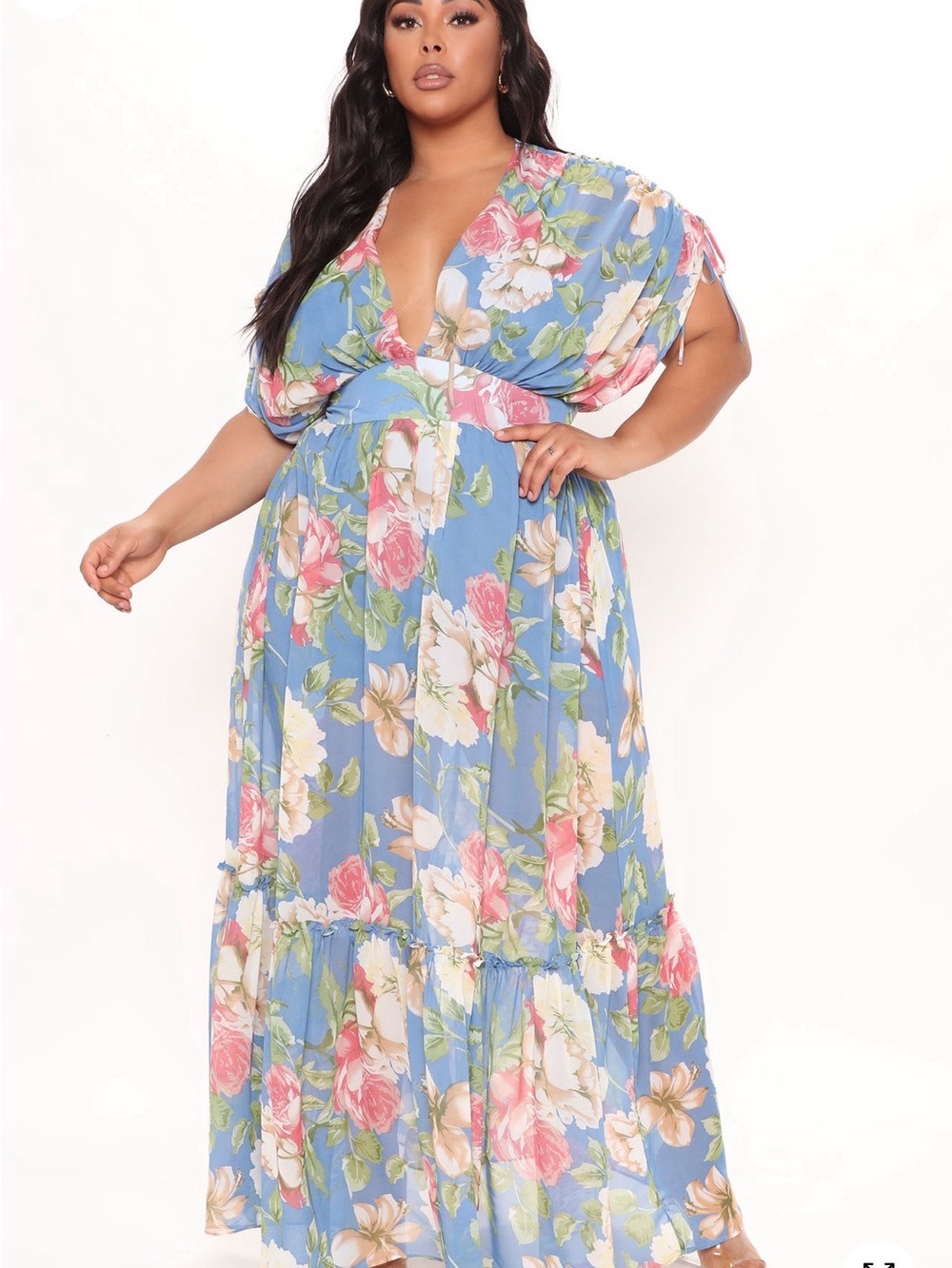 Fashion Nova Blue Floral Maxi Dress with Pink & Cream Blooms